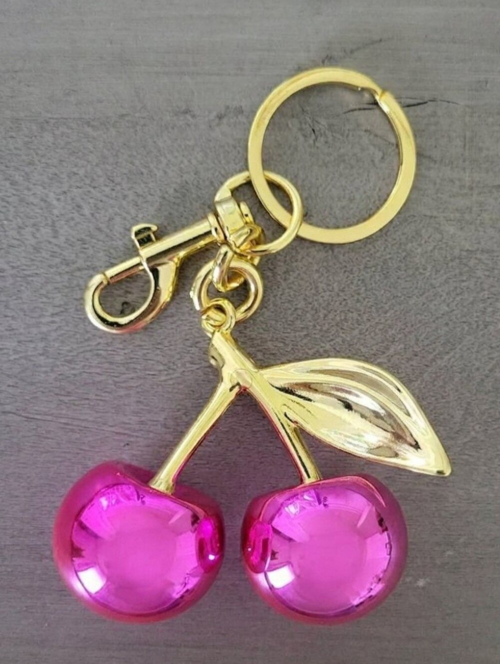 Cherry Bag Charm Keychain with Pink Enamel Cherries
